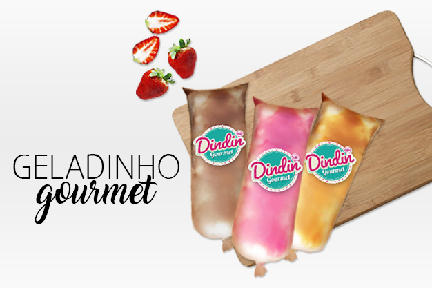 banner de sabores de geladinho gourmet. Trio de geladinhos com sabores de morango, chocolate e maracujá