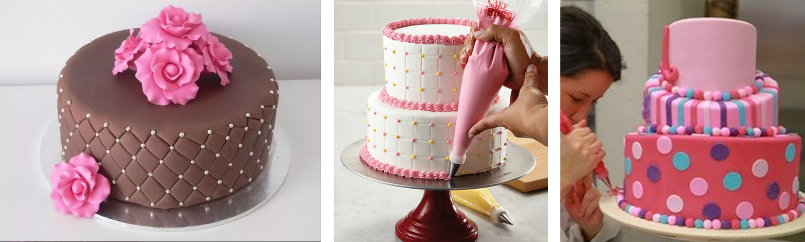 Trio de bolos confeitados com pasta americana. Bolos confeitados simples, com decoração em pasta americana delicada e colorida.